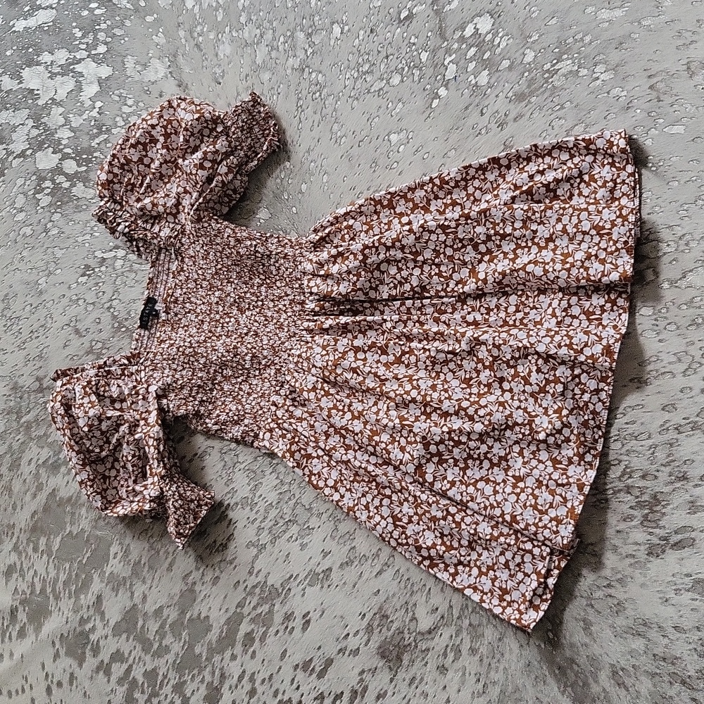 1. STATE Rust Leopard Print Smocked Bodice Square Neck Puff Sleeve Dress SzS